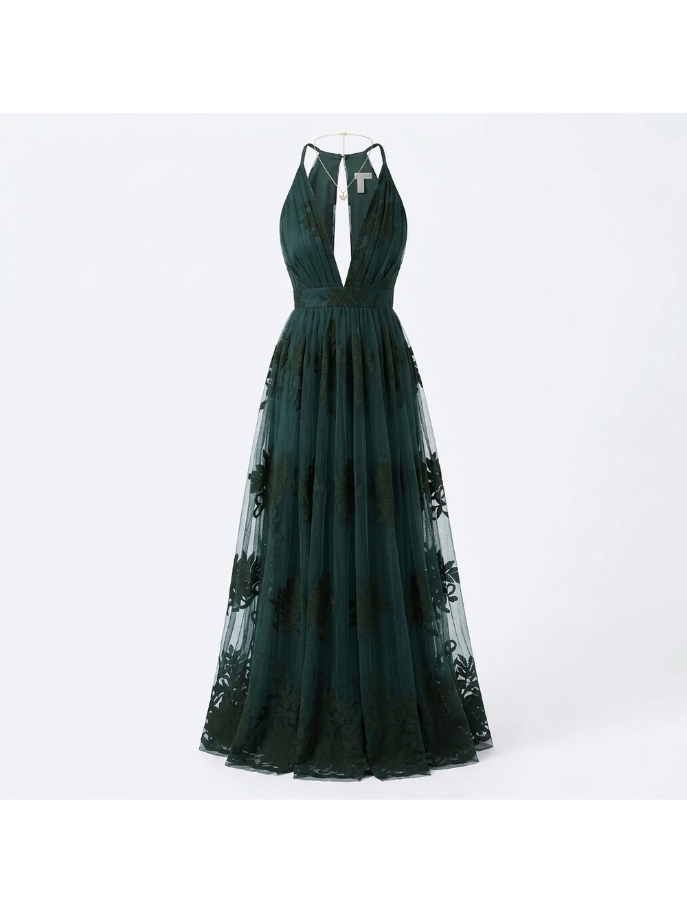 Luxxel Dark Green Floral Embroidered Halter Neck Evening Dress Size 15